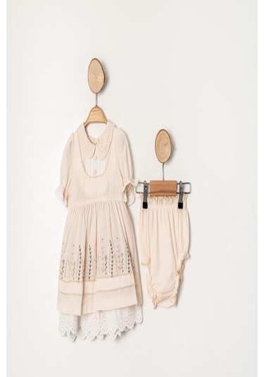 Kız Bebek Pudra Çiçek İşlemeli Fistolu Elbise Kilotlu Takım-1350 Pembe