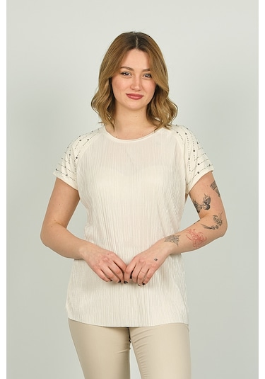 Ella Camelia Kadın Omzu Taş Detaylı Desenli Bluz 18e013 Krem