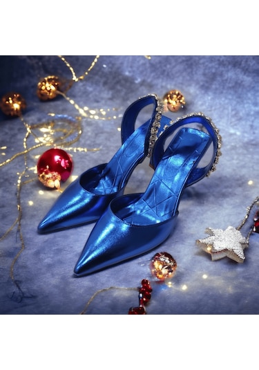 Tarzbu Lks İnce Topuklu Taşlı Parlak Mavi Renk Abiye Ayakkabı Mavi