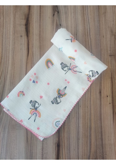Desenli Müslin Kız Erkek Bebek Battaniyesi Oeko-texli %100 Pamuklu Puset Örtüsü Yenidoğan 90x80cm Pembe