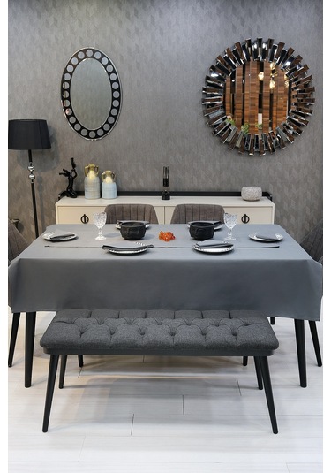 Dream 8 Parça Masa Örtüsü Seti Çeyiz Seti Salon Masa Örtüsü, Runner, 6'lı Peçete Füme