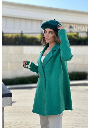 Kadın Yeşil Astarlı, Kruvaze Ceket Yaka, Tek Düğme, Rahat Kalıp, Fitilli Kaşe Kumaş Kaban Yeşil