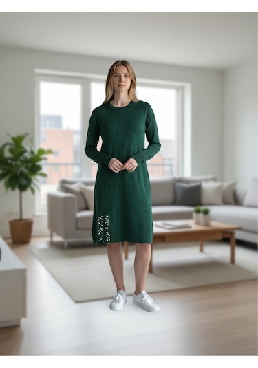 Kadın Önü Desenli Etek Yan Ucu Boncuklu Düşük Kol Tunik Zümrüt