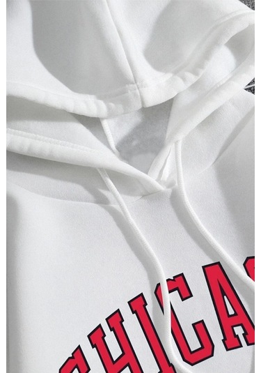 Unisex Beyaz Chicago Baskılı Oversize Kapşonlu Sweatshirt 001