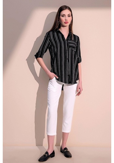 Kadın Siyah Uzun Kol Özel Kumaş Tek Cep Gömlek Dik Çizgili Arkası Uzun Basic Kesim Gömlek Siyah