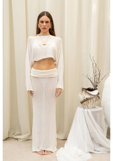 Mai Collection Naval Beyaz Crop Etek Triko Takım