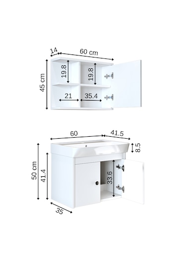 Lavabolu Mat Suntalam 60 Cm Banyo Dolabı + Aynalı Üst Dlp Beyaz Mat Beyaz