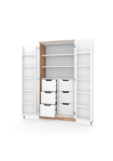 165 Derece Açılabilir 2 Kapaklı, 6 Çekmeceli, Kavanoz Raflı Kiler Ve Erzak Mutfak Dolabı Atlantik Çam Beyaz