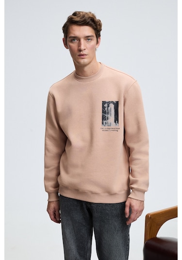 Grimelange LUCIAN Erkek Göğsü Ve Sırtı Baskılı Yuvarlak Yaka Regular Fit Vizon Sweatshirt