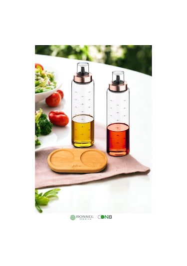 Rossel Premium Bambu Standlı Damlatmaz Borosilikat 2'li Cam Yağlık 500ml Bakır