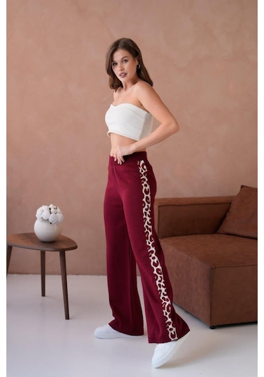 Relax Mode Kadın Leopar Şerit Detaylı Örme Pantolon - 12026r Bordo