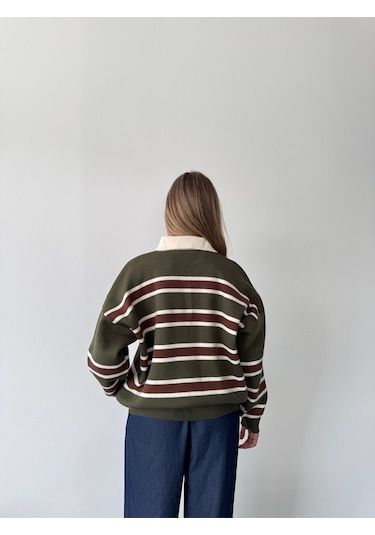 Kadın Polo Yaka Çizgili Triko Kazak Haki