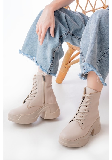 Fz-2550 Bej Yüksek Tabanlı Bağcıklı Fermuarlı Günlük Kadın Bot Bej