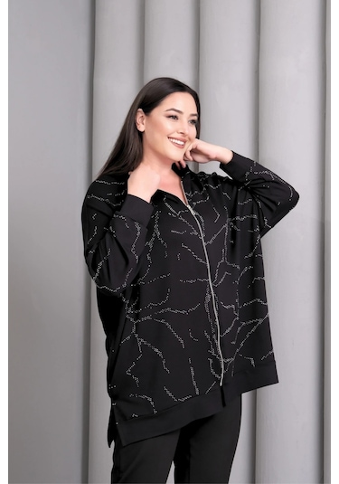 Kapüşonlu Fermuarlı Taş Baskılı Ceket Siyah