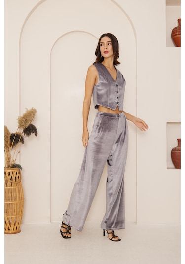 Darlin Moda Kadın Antrasit Yüksek Bel Geniş Paça Kadife Pantolon Dm3002 Antrasit