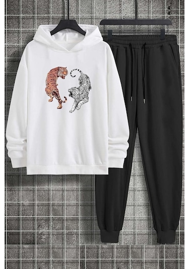 Uyguntarz Unisex Tiger Baskılı Eşofman Takımı Beyaz