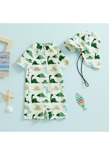 Fastbuy Bej Yürüyen Erkek Mayo, 3-12 Ay, 2-3 Yaş, Güneş Koruyucu Kısa Kollu, Fermuarlı, Hayvan Desenli Şapka Bej