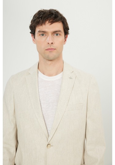 Erkek Bej Yumuşak Dokulu Keten Slim Fit Dar Kesim Mono Yaka Diagonal Desenli Ceket Bej