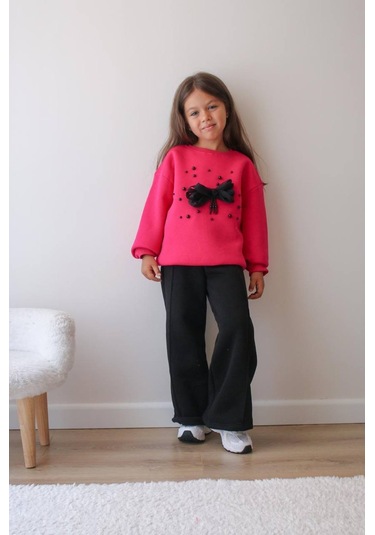 Kız Çocuk Siyah 2 Li Takım Kırmızı Organze Gül Detaylı Sweatshirt & Rahat Eşofman Takım Çingene Pembe Kız Çocuk Siyah 2 Li Takım Kırmızı Organze Gül Detaylı Sweatshirt & Rahat Eşofman Takım Çingene Pembe