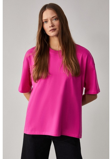 Jemmy Kadın %100 Organik Pamuk Relaxed Fit Yırtmaçlı Yuvarlak Yakalı Pembe T-Shirt