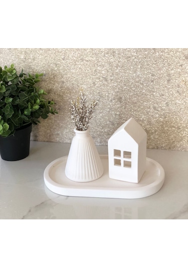 Thiramis Homeconcept Beyaz Tepsimini Vazo & Ev Mumluk 3'lü Set.