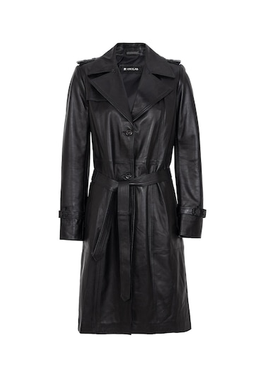 Siyah Cassie Yırtmaçlı Astarlı Kemerli Trençkot Kadın Hakiki Deri Kaban-siyah Siyah