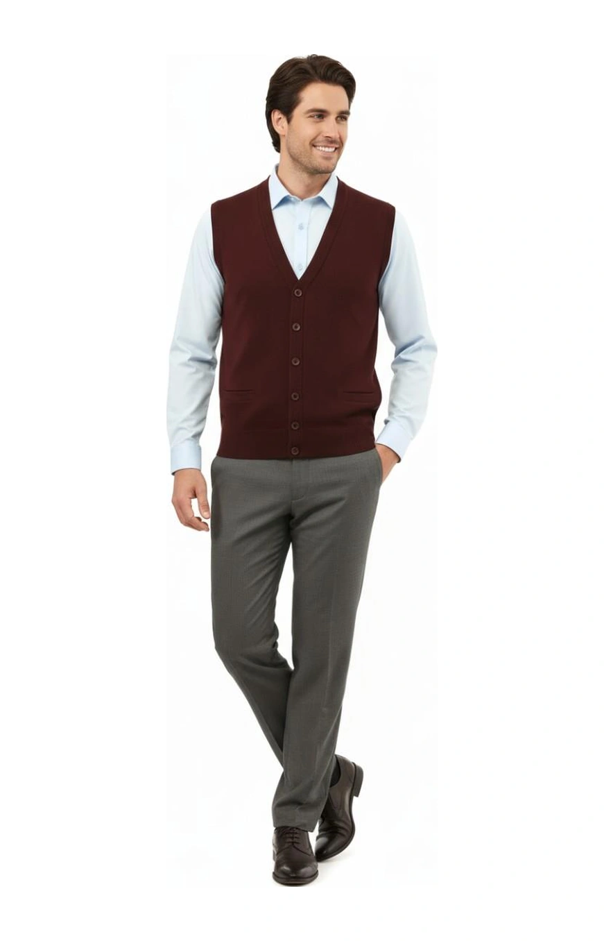 Erkek Düğmeli Yelek Cepli Çelik Örgü Klasik Kalıp 5200l Bgl-st04844 Bordo