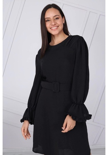 Apsen Kadın Siyah Kemer Detaylı Volan Kol Midi Elbise 4078-100 Siyah