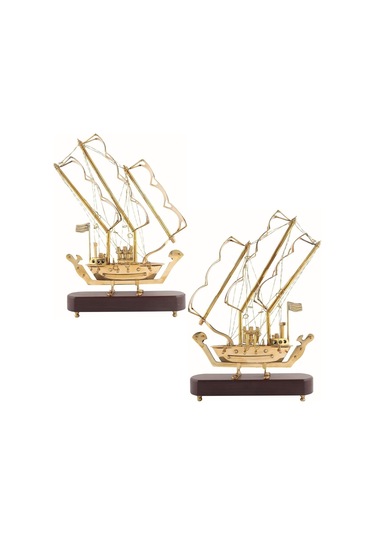 Pirinç Yelkenli Gemi Ahşap Kaideli Ev Ofis Dekorasyon 33cm
