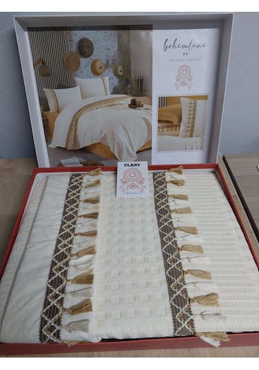 Clasy Butik Çift Kişilik Pike Takımı Bohemline Ekru