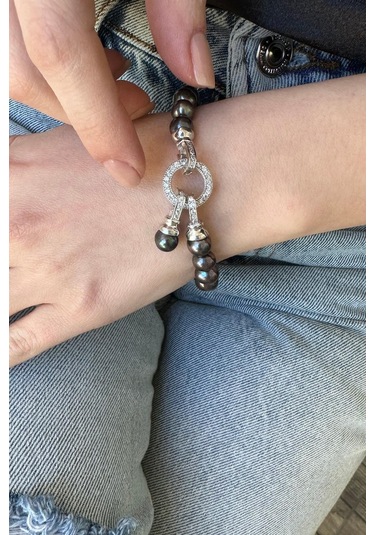 8,5 Mm Zirkon Taşlı Halka Kilitli Doğal İnci Küpe Kolye Bileklik Üçlü Set 45 Cm / Rose Gümüş