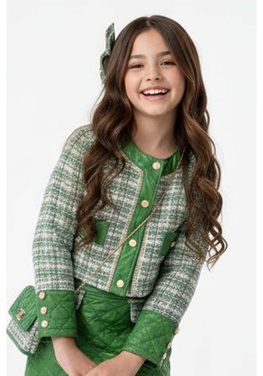 Riccotarz Kız Çocuk Kapitone Ve Altın Şerit Detaylı Şanel Yeşil Etekli Takım Yeşil