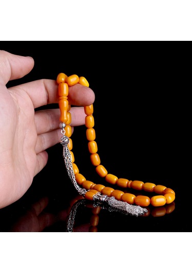 Tesbihsepetim 925 Ayar Gümüş Kral Zincir Püsküllü Kapsül Kesim Sıkma Kehribar Tesbih