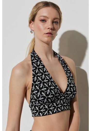 Regular Fit Normal Kesim V Yaka Kolsuz Crop Bluz Beyaz - Siyah