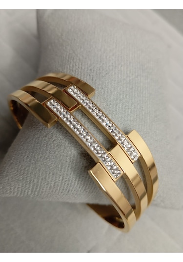 Üç Sıra Zirkon Taşlı Kelepçe Bileklik Gold
