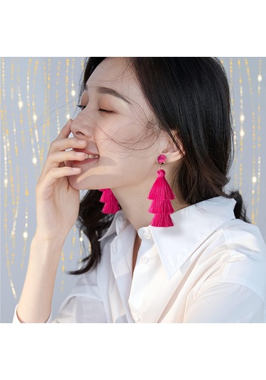 Gül Katmanlı Püskül Küpeler, Bohem Sarkan Damla Küpeler, Han Pembe