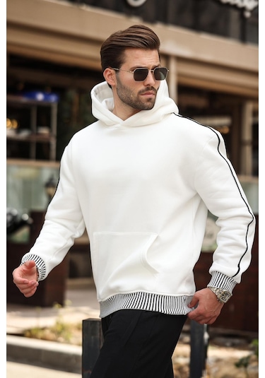 Madmext Ekru Kapüşonlu Kanguru Cep Erkek Sweatshirt E7163 Ekru