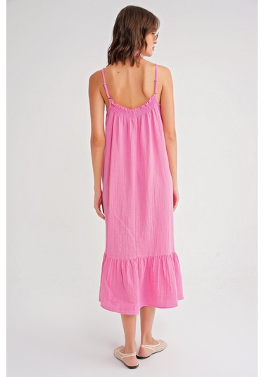 4740 Kadın Askılı Müslin Midi Elbise Pembe Pembe