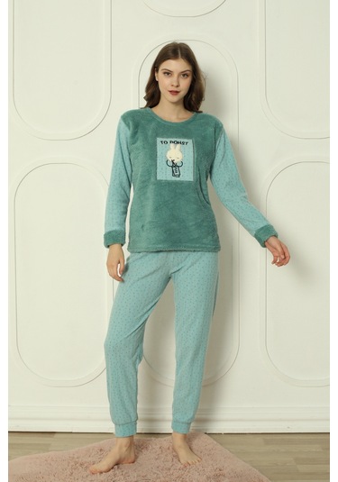 Fawn 3300 Peluş Welsoft Polar Kışlık Sevimli Tavşanlı Kadın Pijama Takımı Yeşil