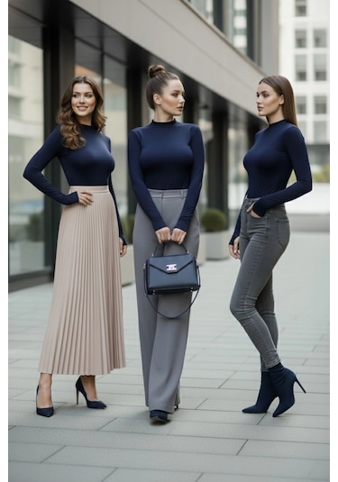 3 Lü Parmak Geçmeli Kadın Body Seti Lacivert