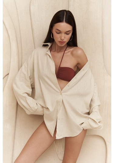 Charlotte Ekru Oversize Keten Gömlek Ekru