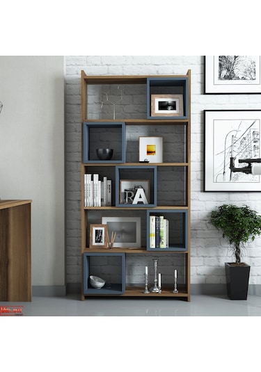 Variant Box Kitaplık Ve Çalışma Masası Takımı - Ceviz / Mavi
