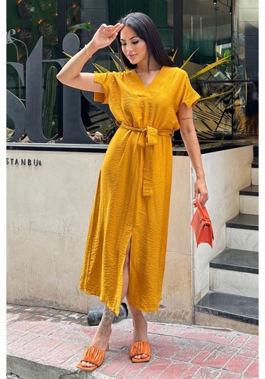 Hardal V Yaka, Kısa Kol, Airobin Kumaş, Omuz Detaylı, Kemerli/kuşaklı, Önden Yırtmaçlı Maxi Elbise Hardal