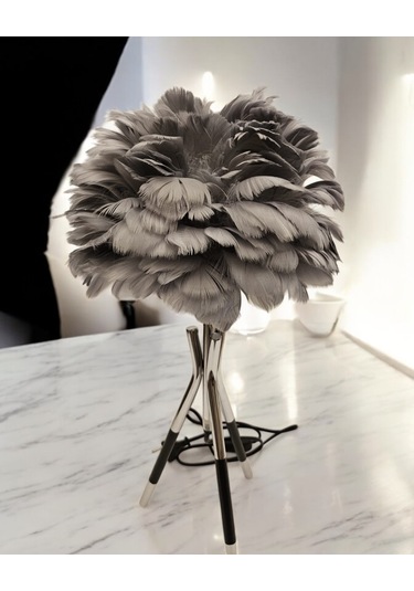 Tüylü Dekoratif Tripotlu 3'lü Ayaklı Abajur - Gri Gri