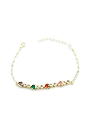 Taşlı Kalp Bileklik - Altın Çok Renkli
