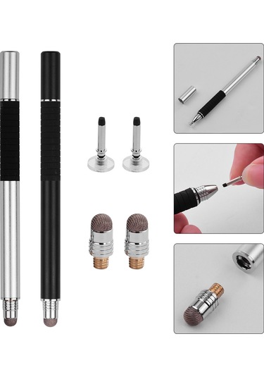 Skycity 2'li Metal Dijital Kalem Seti: Nano Lif + Disk Uçlu Dokunmatik Kalemler, 2 Adet Yerine Konulabilir Disk Ve Lif Uçu li Siyah/gümüş
