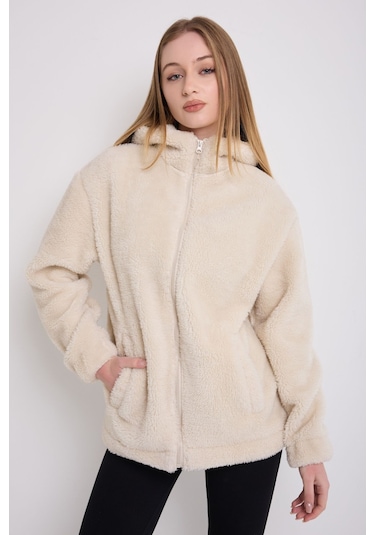 Kadın Ekru Peluş Rüzgar Geçirmez Welsoft Çift Cepli Kapüşonlu Kışlık Mont Ekru