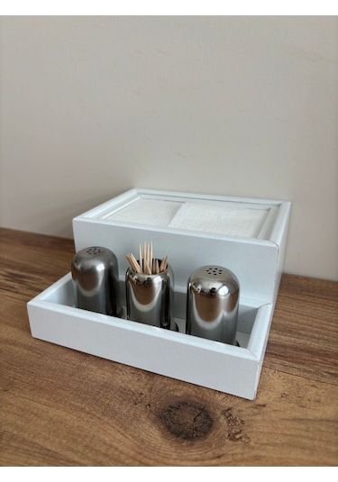 Mimoza Baharatlık Bölmeli Ahşap Masaüstü Peçetelik 6 Adet Restaurant Dispenser Beyaz Baharatlıklar Hariç