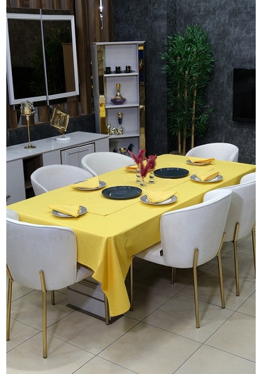 Dream 8 Parça Masa Örtüsü Seti Çeyiz Seti Salon Masa Örtüsü, Runner, 6'lı Peçete Sarı