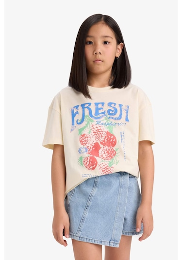 Defacto Kız Çocuk Relax Fit Bisiklet Yaka Baskılı Kısa Kollu Tişört E0355a825smer235 Ekru